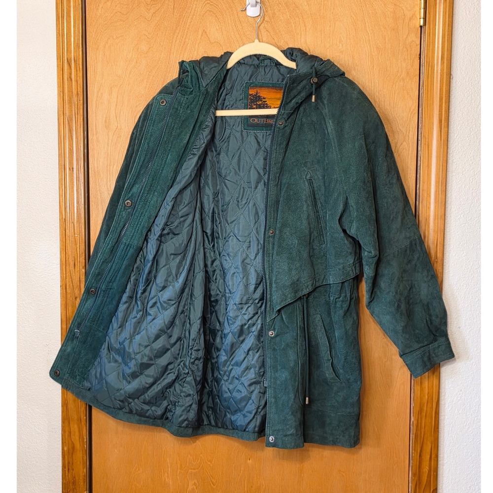90s Outbrook VTG Green Suede Leather Hooded Parka Jacket Quilted Lining Large